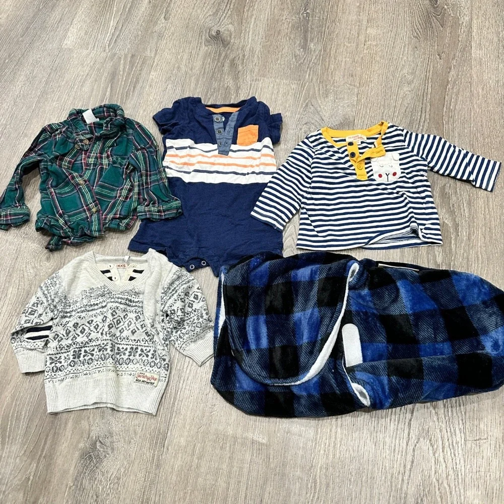 Baby Boy 6M Bundle Lot IKKS Sweater DPAM North 6 months Kids Shirt Plaid Swaddle